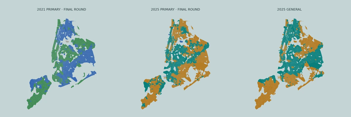 NYC block-group maps of the 2021 and 2025 primary final rounds and 2025 mayoral general election